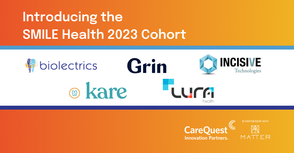 <span id="hs_cos_wrapper_name" class="hs_cos_wrapper hs_cos_wrapper_meta_field hs_cos_wrapper_type_text" style="" data-hs-cos-general-type="meta_field" data-hs-cos-type="text" >MATTER and CareQuest Innovation Partners announce second cohort for SMILE Health and Extensive Roster of Industry-leading Partners</span>